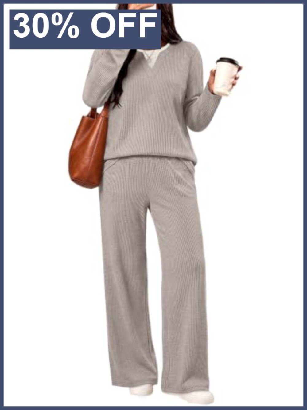 Women's 2 Piece Lounge Set Long Sleeve V-Neck Wide Leg Pants Casual Fall Outfit